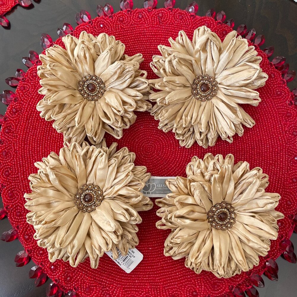 Flower Christmas Ornament Ribbon Beaded Clip by Allstate Floral - Set of 4 NEW